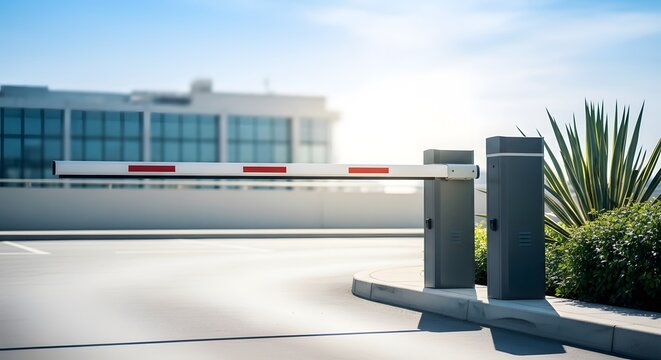Automatic boom barrier gate at a modern urban parking lot entrance on a sunny day