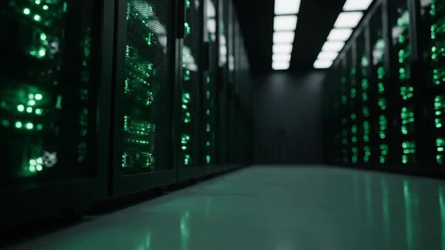 A low angle shot of a dark data center hallway with rows of server racks glowing with vibrant green lights creating a futuristic atmosphere. Technological infrastructure concept.