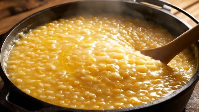 Delicious creamy rice porridge being stirred with a wooden spoon in a dark cast iron pan on a wooden table
