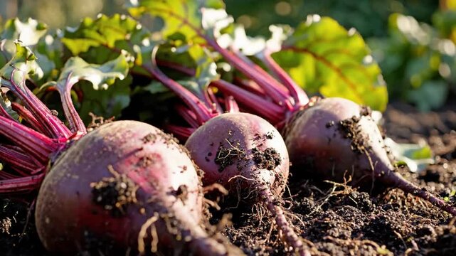 Freshly Harvested Beets with Vibrant Leaves Resting on Dark Brown Soil in a Sunny Garden Scene