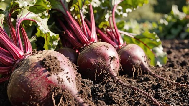Close-up of freshly harvested beets with vibrant red stems and green leaves in rich soil, showing healthy vegetables.