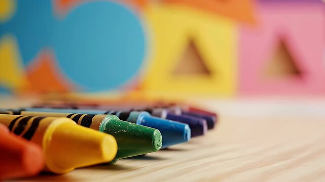 Colorful crayons lined up on a wooden surface with a blurred background