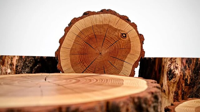 Close-up of wooden tree rings stacked against a plain white background showing natural wood grain detail