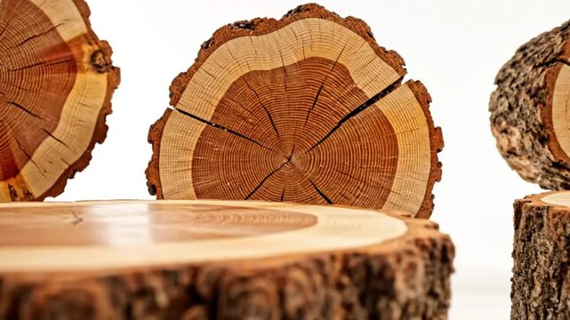 Close-up of wooden cross sections with visible growth rings and detailed bark texture against white backdrop