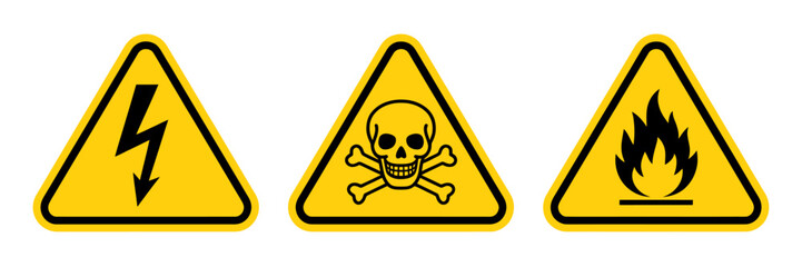 Obraz premium Warning signs for electricity fire and toxic hazard symbols