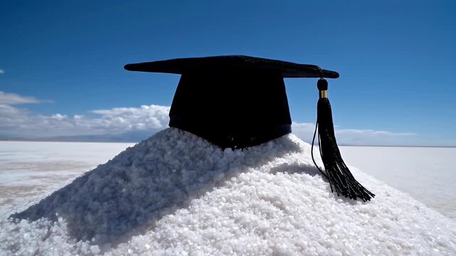 Graduation cap on a white salt mound under a clear blue sky