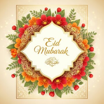 A vibrant floral arrangement with the message eid mubarak in the center.