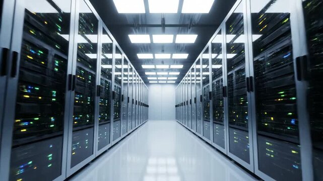 A wide perspective shot down a brightly lit hallway in a modern data center. Rows of server racks with blinking lights line both sides.