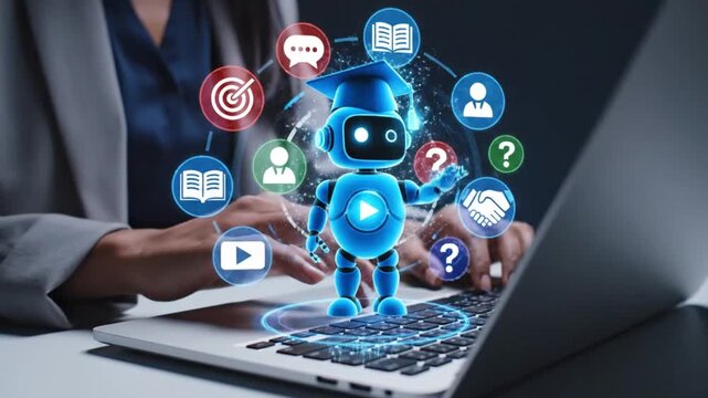Innovative educational technology robot with graduation cap interacts with floating digital icons over a professional using a modern laptop computer setup