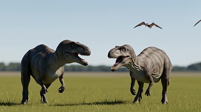 Two dinosaurs facing each other in a grassy field, with pterodactyls in the sky