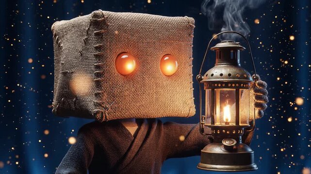 Mysterious figure with glowing eyes and lantern in a starry night sky.