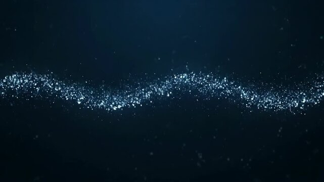 A serene ocean wave crest with sparkling particles against a dark blue background viewed from a calm perspective
