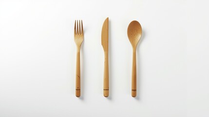 Bamboo cutlery set on white background eco friendly fork knife and spoon for sustainable dining