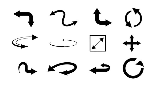 A collection of various black arrow symbols and shapes is displayed against a stark white background showcasing directional movement high quality professional detailed modern elegant stylish