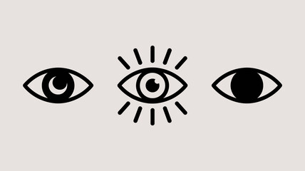 A minimalist illustration depicts three stylized eyes with the central eye radiating bright lines resembling sunlight or energy high quality professional detailed modern elegant stylish clean
