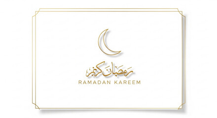 Ramadan kareem greeting card with golden crescent moon and arabic calligraphy on white background