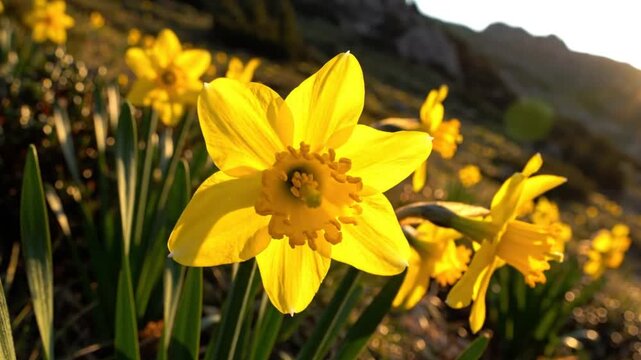 Close up view of vibrant yellow daffodils growing on a sunny mountain slope with sunset