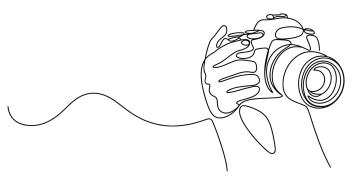 Continuous line drawing of hands holding a professional digital slr camera for photography. Vector, illustration