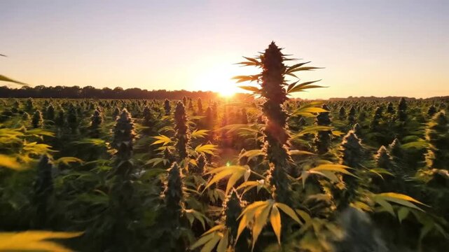 Scenic aerial view of a marijuana field in the late afternoon sun with a bright and radiant sunset