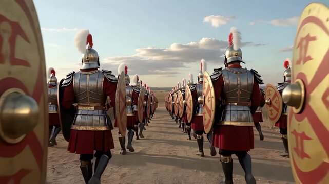 Roman soldiers march in formation across a dusty plain, their armor gleaming under a dramatic sky, depicting ancient military might and discipline.