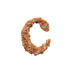 3D Ornamental Floral Lowercase Letter C Covered with Peach and Cream Flowers on Transparent Background