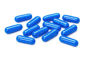 Blue capsules representing medicine, healthcare, and pharmacy, many drugs scattered on transparent background
