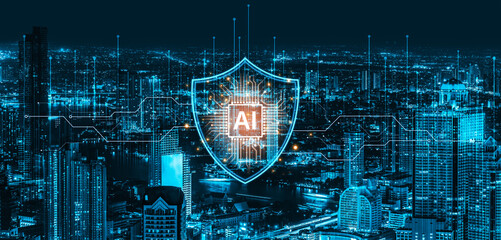 Plakat AI cybersecurity safeguards systems with encryption, access control, and AI secure data flow. Futuristic cyber security featuring AI digital shield, zero trust and AI threat detection system. Corpus