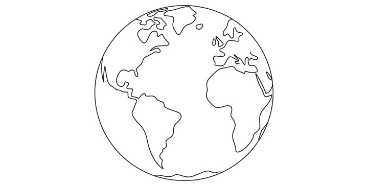 A simple black and white line drawing depicting a globe with visible continents, including the americas, africa, and europe. Vector, illustration