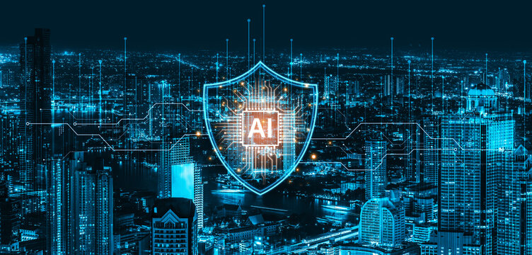 AI cybersecurity safeguards systems with encryption, access control, and AI secure data flow. Futuristic cyber security featuring AI digital shield, zero trust and AI threat detection system. Corpus
