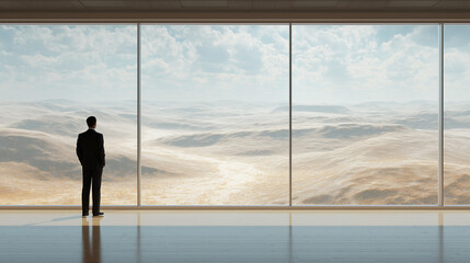 Fototapeta premium Visionary business leader standing in minimalist modern office looking at vast snowy landscape, corporate executive analyzing global environmental trends and future climate strategy