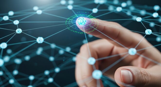 Close up of fingertips touching a node on a digital network mesh that lights up to signify connectivity and AI integration.