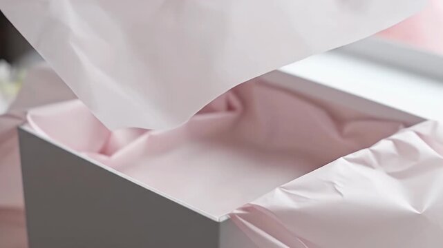 Muted pink tissue paper gently emerging from a modern gift box