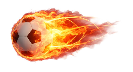 Naklejka premium Fiery Football: Capturing the dynamic energy and intense heat of a soccer ball ablaze with fire, hurtling through the air in a display of power and velocity.