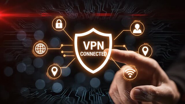 A glowing digital shield with VPN connected symbol and surrounding icons like lock and globe is activated by a human finger on a dark background with bokeh lights.