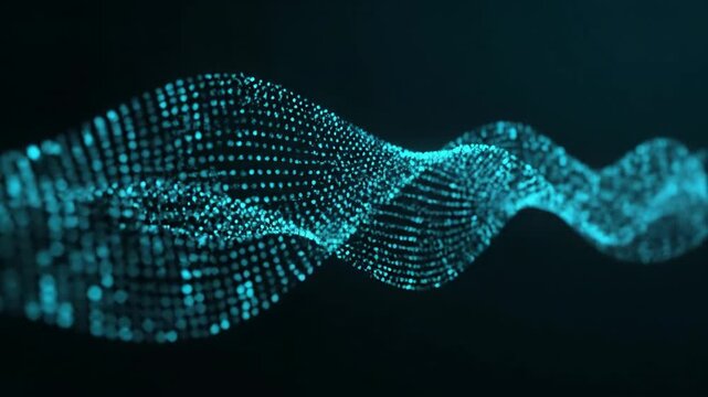 A wavy digital waveform composed of small particles, flowing horizontally across a dark background, viewed from a straight-on perspective