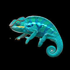 Vibrant blue green chameleon with curled tail