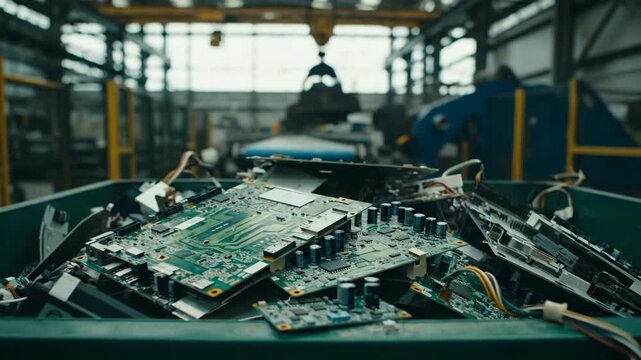 A large green bin overflows with discarded electronic circuit boards and components in an industrial recycling facility. A large crane is visible overhead, suggesting an active processing environment.