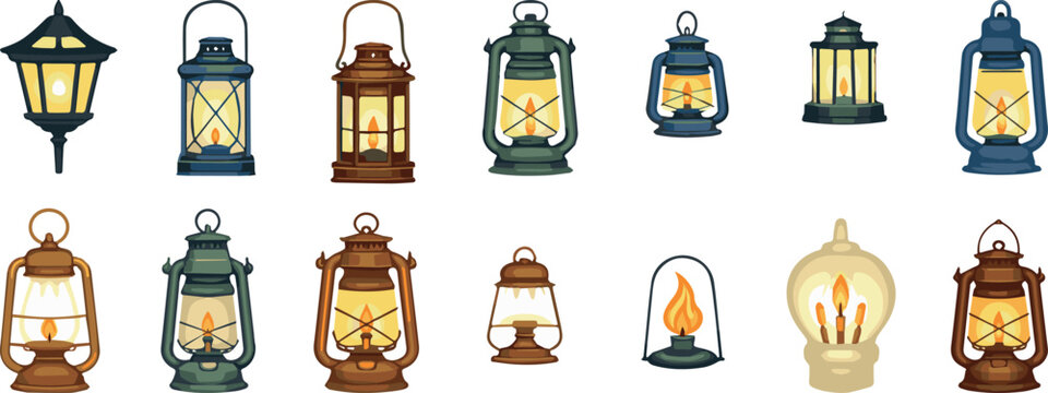Vintage lantern and oil lamp collection with glowing light, retro camping and street light vector set