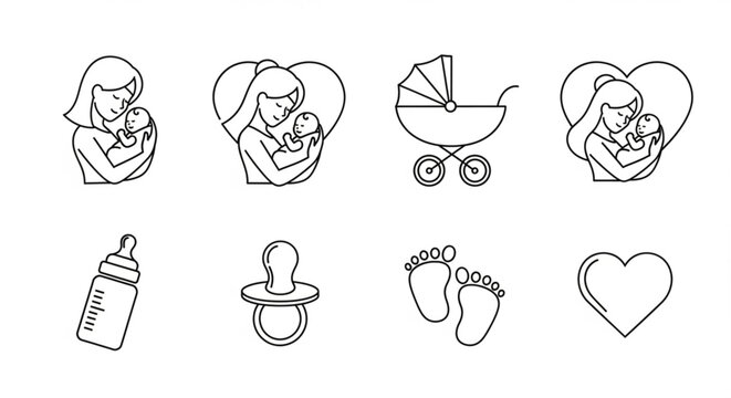 Baby care icons with mothers stroller bottle pacifier feet and heart symbols