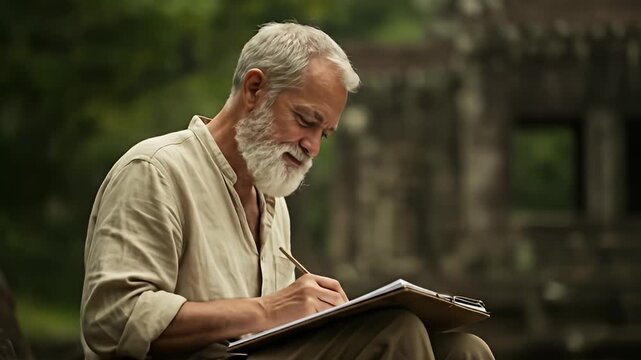 Elderly man sketching an ancient temple ruin from atop a stone pile outdoors
