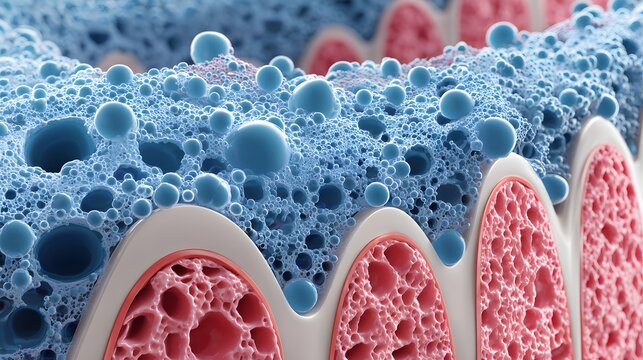 A close-up view of a biological tissue structure showcasing intricate cellular patterns and bubbles