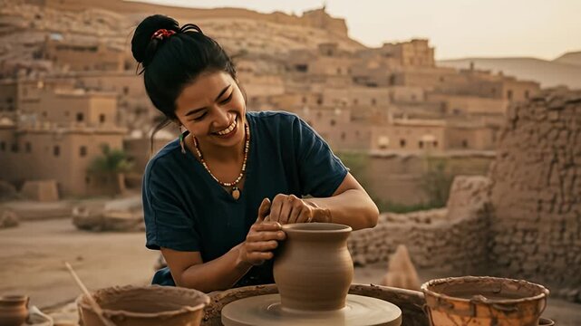 Smiling woman shapes clay on pottery wheel; earthen village in background at sunset