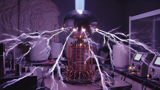 Powerful Tesla coil generating dramatic electrical arcs in a dark lab