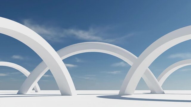 Modern arches stand prominently against a serene blue sky with scattered clouds in a peaceful outdoor setting