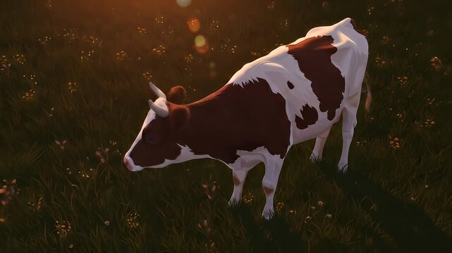 Spotted cow grazes in a field with small flowers during a sunset. Art style