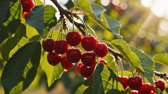 Ripe red cherries hanging on a branch with green leaves and the sun shining through the orchard trees