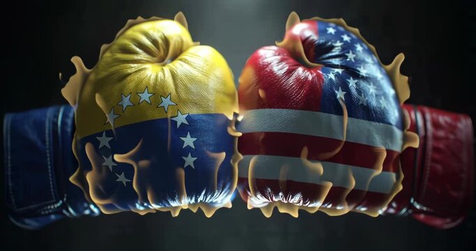 Boxing gloves with Venezuelan and American flags symbolizing conflict and competition.