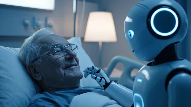 A robot gently touches an elderly man's face as he lies in a hospital bed. The scene is lit with cool blue tones, suggesting a futuristic and caring healthcare environment.