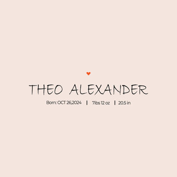 Theo Alexander Minimalist Birth Announcement with Heart Symbol