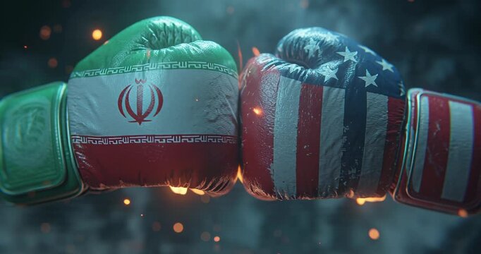 USA & Iran Diplomatic Tension. Boxing gloves with Iranian and American flags symbolizing conflict or competition.